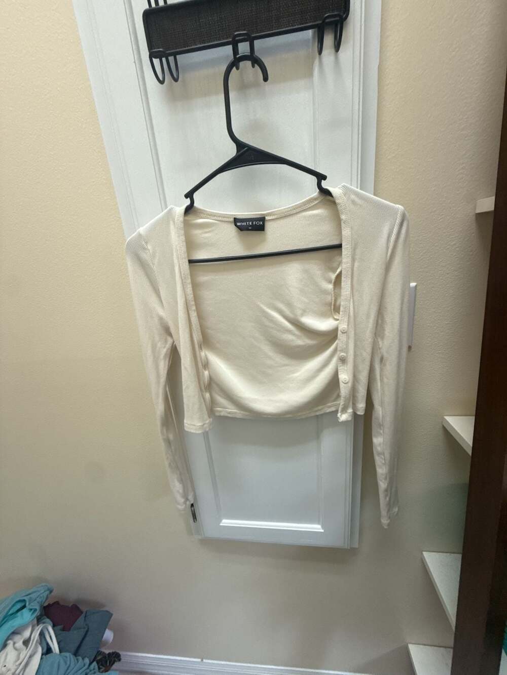 White Fox Boutique Cream Ribbed Cropped Long Sleeve Cardigan